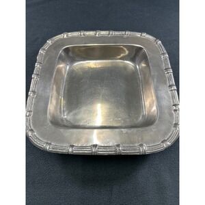Vintage Pewter Square Serving Bowl Faux Bamboo Rim Chinoiserie Catchall Dish